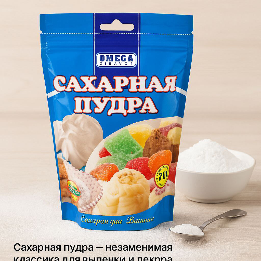 Сахарная пудра OMEGA мелкого помола 200 г дой-пак — для выпечки, посыпки десертов, глазури и кремов