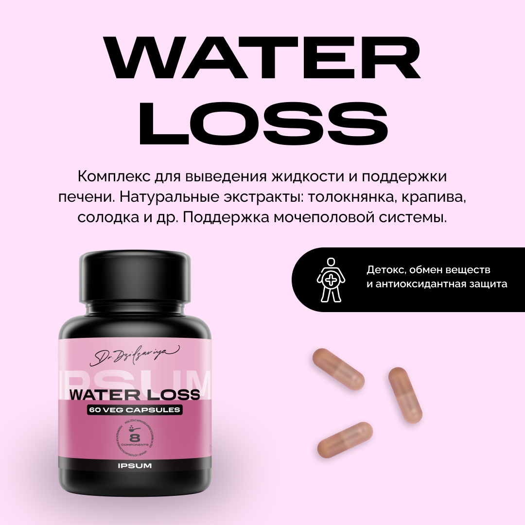 IPSUM WATER LOSS Мочегонное средство от отеков для похудения, дренажный напиток, очищающий комплекс диуретик 60 капсул
