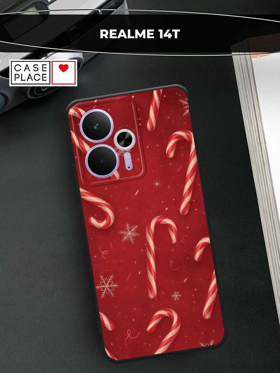 Черный матовый чехол на Realme 14T / Реалми 14Т с принтом "Зимний леденец"