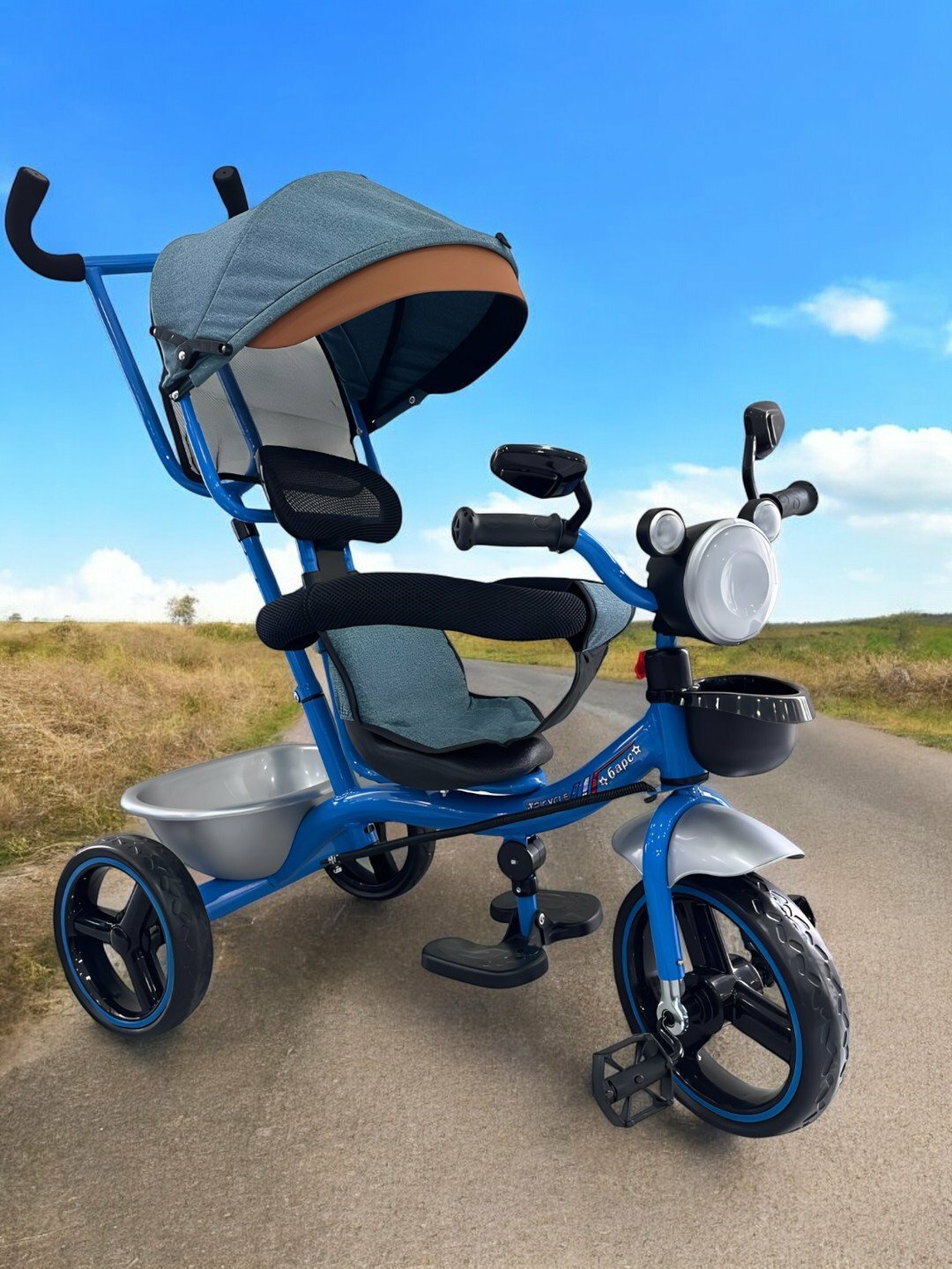 Велоколяска детская, трехколесный велосипед со святящимися фарами, корзина - Голубой