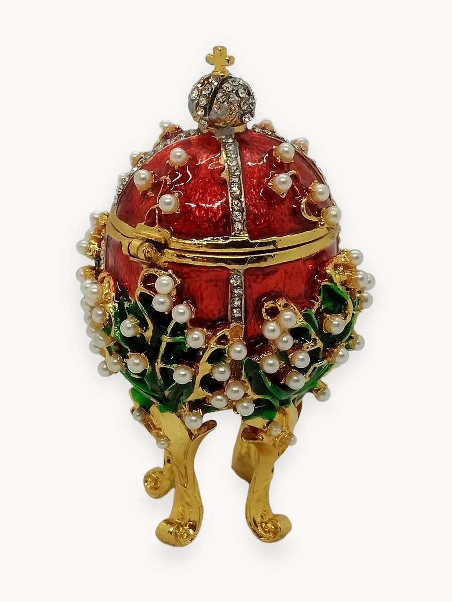 Яйцо Фаберже Ландыш малое, с жемчугом, красное, (магнитный замок)