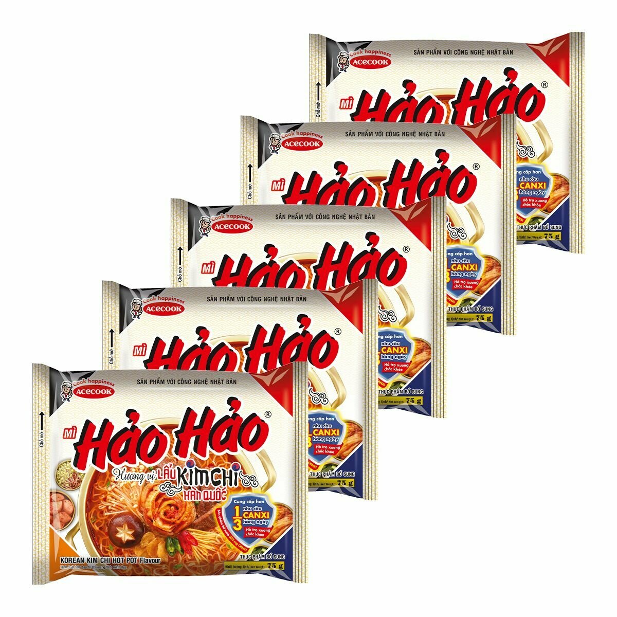 Лапша быстрого приготовления пшеничная Hao Hao со вкусом кимчи Acecook, пачка 75 г х 5 шт