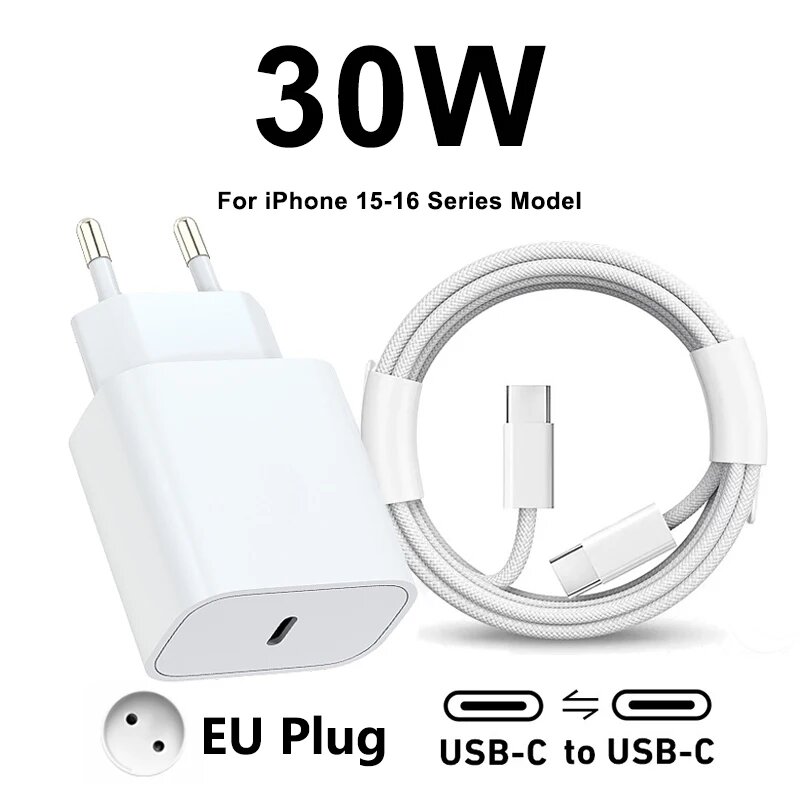Оригинальное быстрое зарядное устройство Apple 30 Вт типа C для iPhone 16 15 14 13 12 11 Pro Max Mini X XS XR Plus Magsafe Беспроводной кабель с молнией для быстрой зарядки, EU Plug C-C 1m Cable