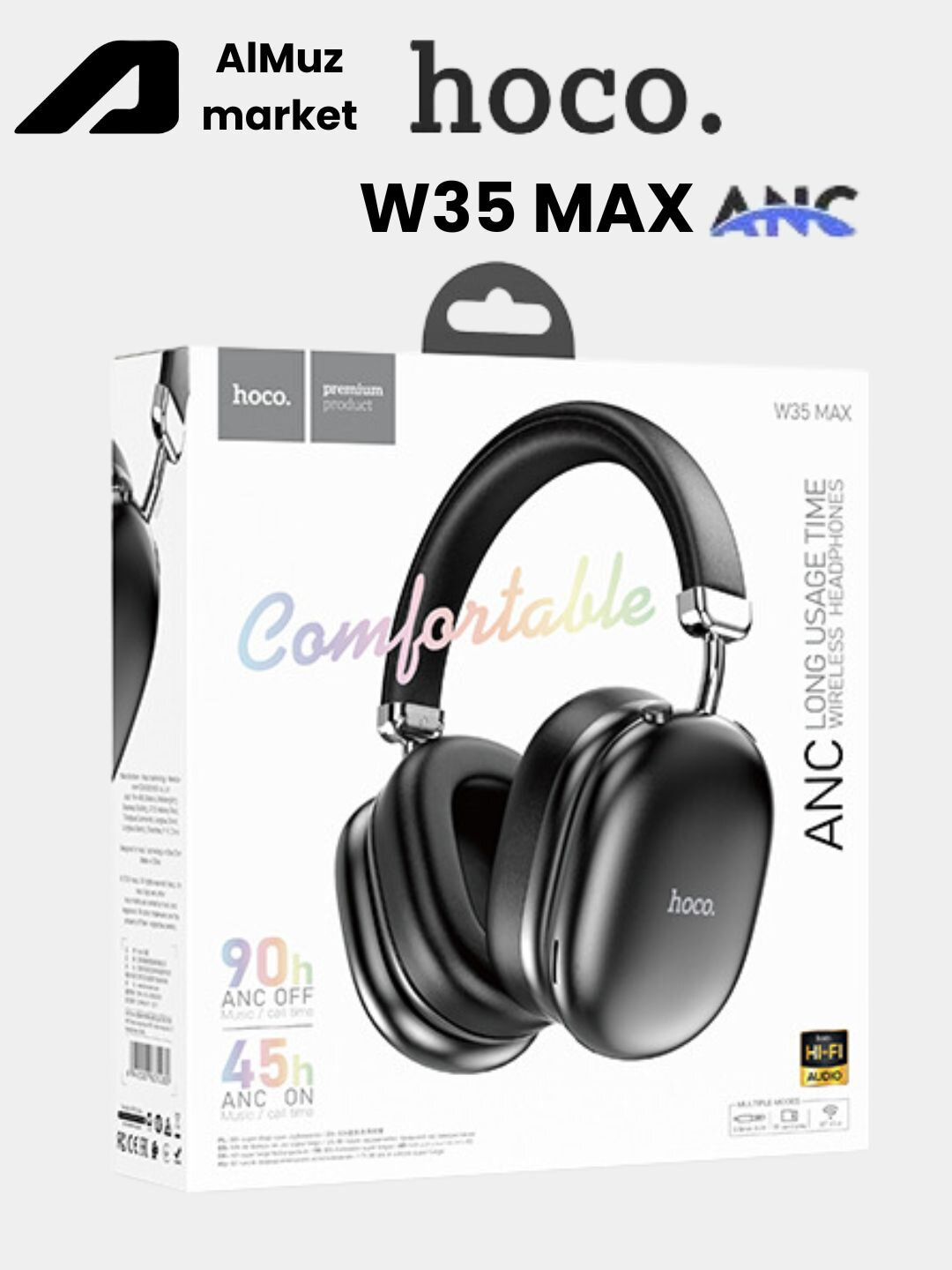 Беспроводные наушники Hoco W35 MAX ANC, с микрофоном, большие, полноразмерные, Черный