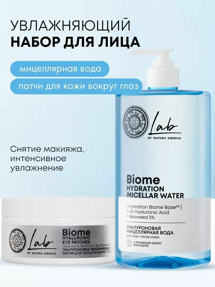 Natura Siberica Lab Biome Набор: гидрогелевые патчи для глаз от отеков и темных кругов увлажняющие гиалуроновые 60 шт, мицеллярная вода 700 мл