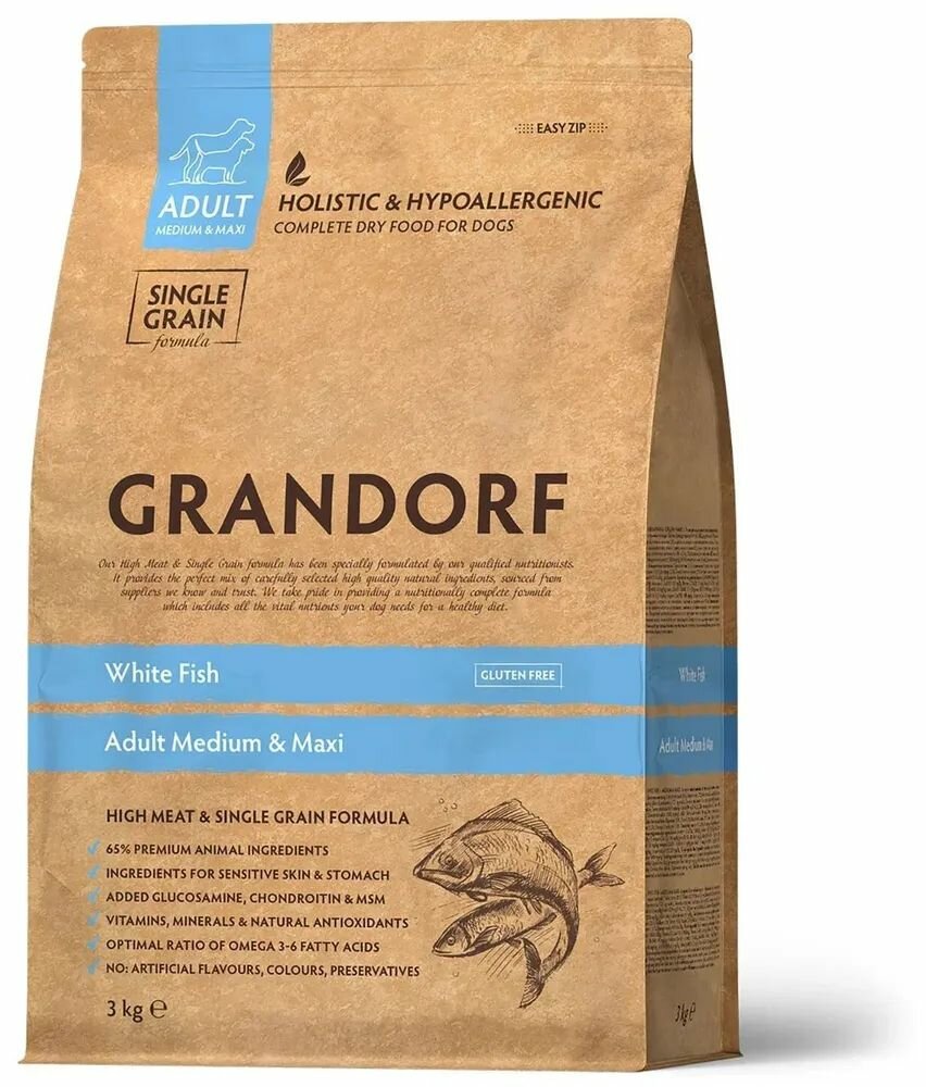 Сухой корм для собак Grandorf White Fish Adult Med&Maxi, белая рыба 3 кг