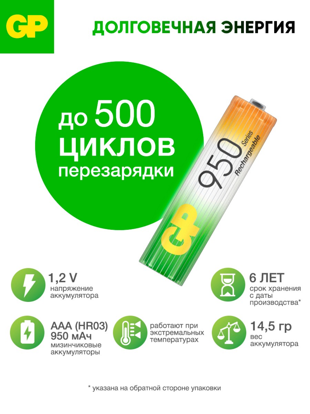 Батарейки ААА аккумуляторные GP, перезаряжаемые аккумуляторы, 950 мАч, 1.2 В, набор 2 шт — фото 1