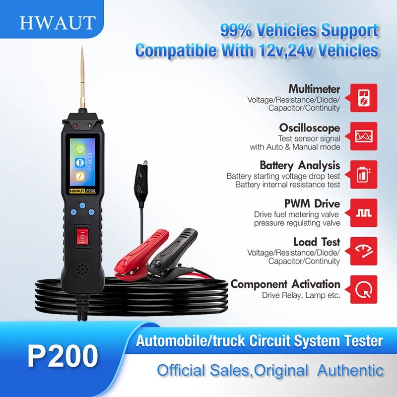 Картинки HWAUT P200 Тестер автомобильных цепей 12 В/24 В Комплект датчиков питания Инструмент диагностики электрической системы AC/DC Тест напряжения и непрерывности, Красный