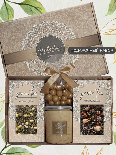 Изображение товара Подарочный набор "Кружева": черный и зеленый чай, конфеты-драже, медовый десерт