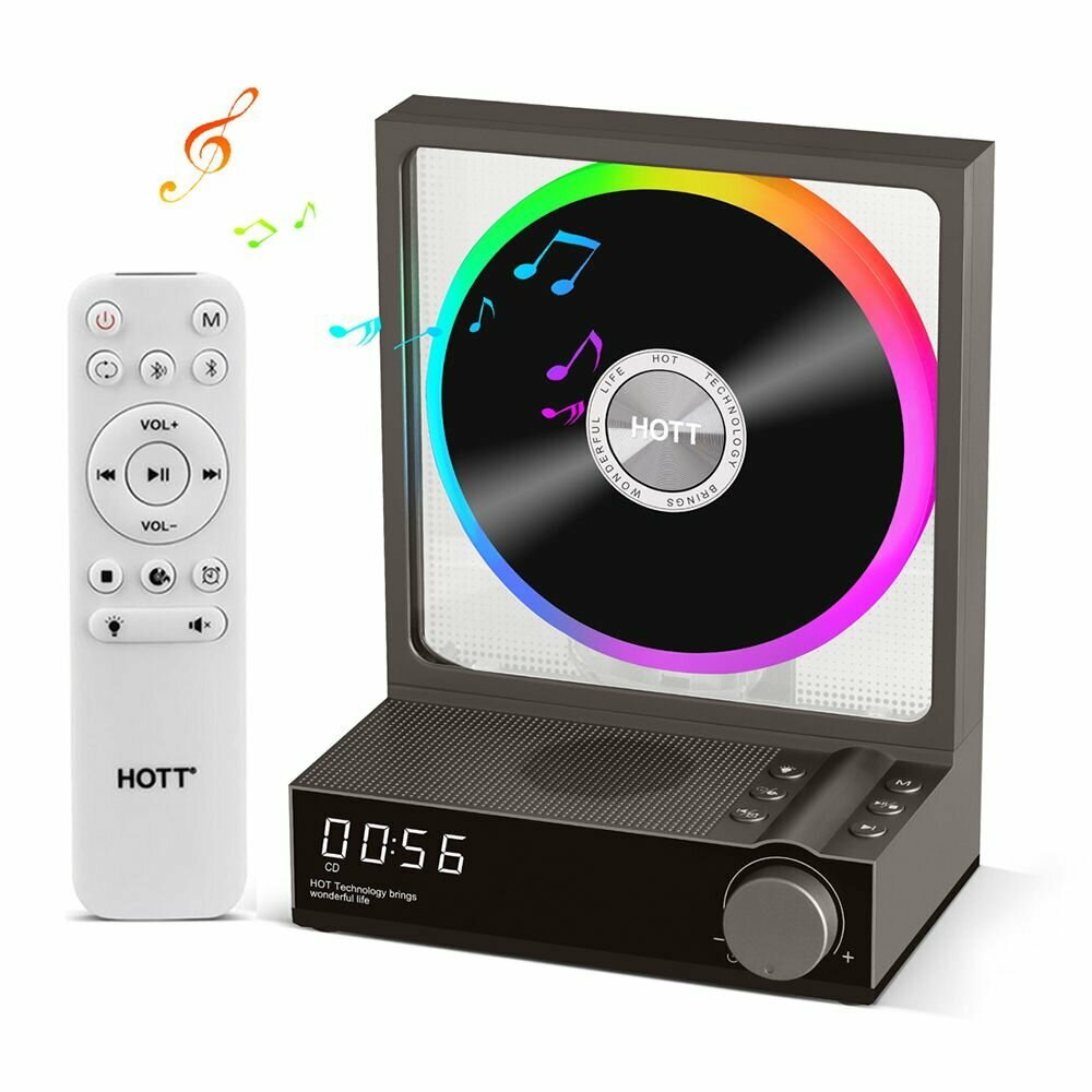 MEGICOT Bluetooth Перезаряжаемый CD-плеер с динамиками, RGB Light, USB Flash Disk Port, Пульт дистанционного управления / Музыкальная запись, Ретро рабочий стол по вертикали