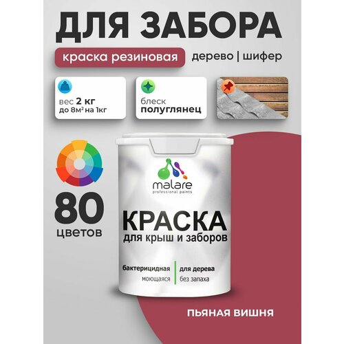 фото Резиновая краска malare для деревянного забора/ по дереву для наружных и внутренних работ/ быстросохнущая моющаяся без запаха полуглянцевая, пьяная вишня, 2 кг.
