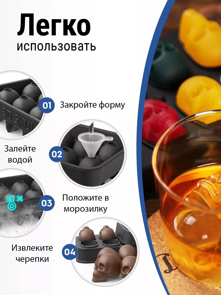 Форма для льда Edilium "Череп", силикон, 100%, 12x10x5 см, с воронкой, чёрная — фото 1