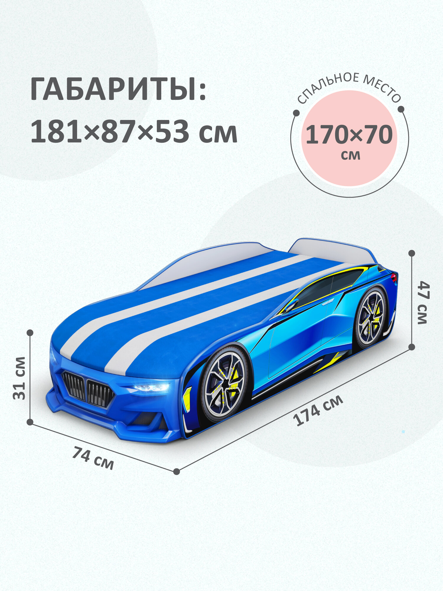 Кровать детская Romack Boxter-New голубая, для детей, с ящиком для белья, подсветка фар и объемным бампером — фото 1