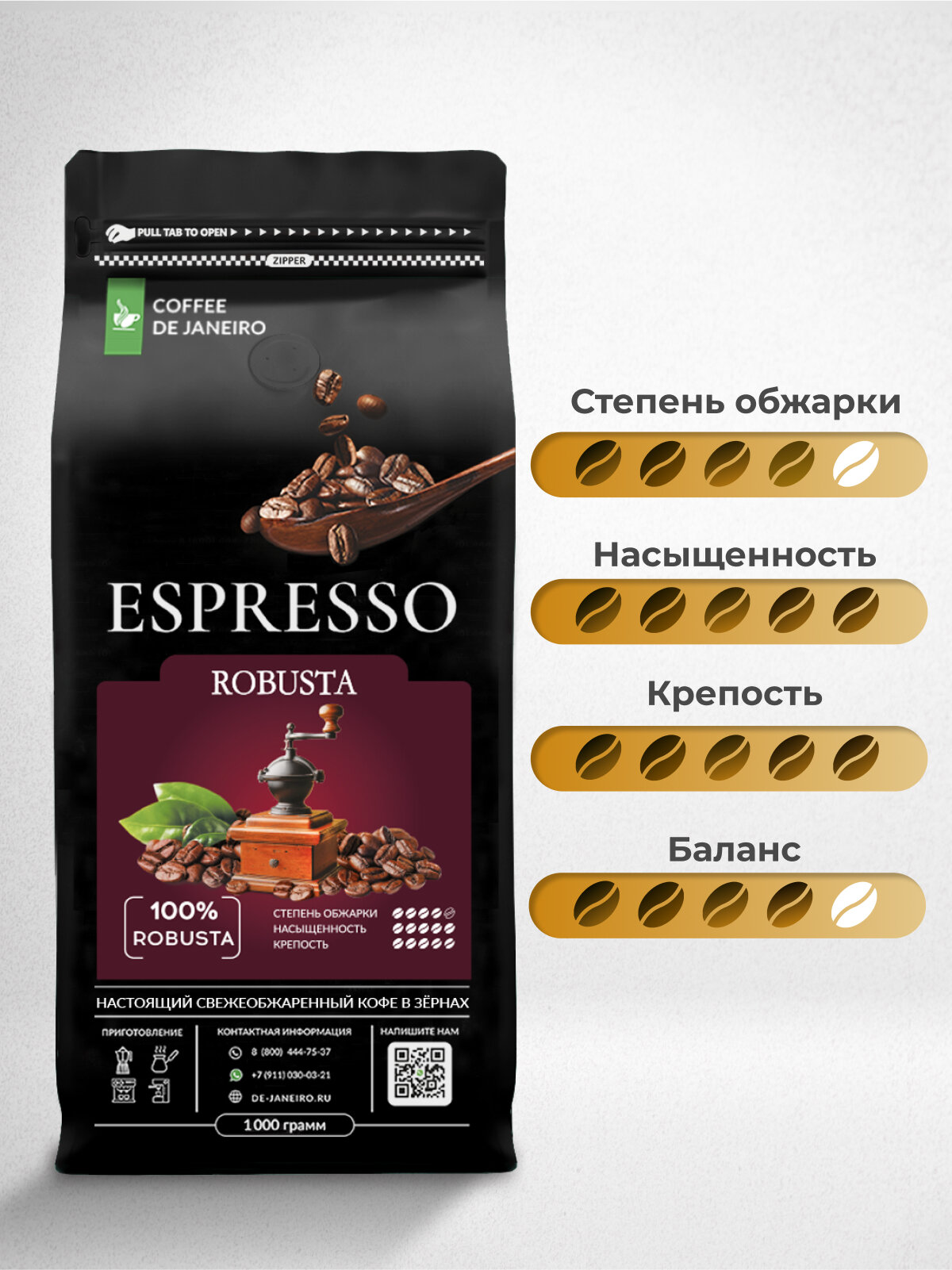 Кофе в зернах 1 кг ROBUSTA 100% Робуста, свежеобжаренный зерновой кофе DE JANEIRO — фото 1