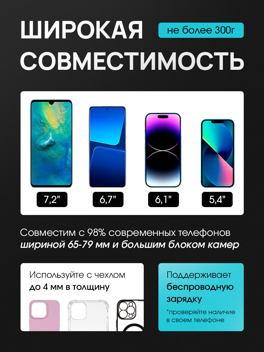 Держатель автомобильный RADIANCE SKY, для телефона, с зарядкой, черный глянец — фото 1