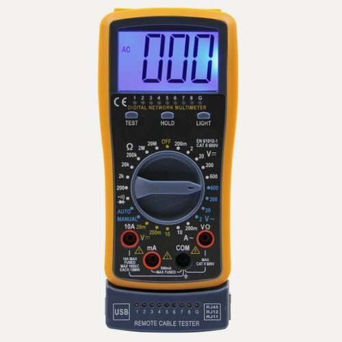 Изображение товара Мультиметр с кабельным тестером S-line DT4300A имеет приставку для проверки кабелей типа RJ11, RJ12 , RJ45, USB