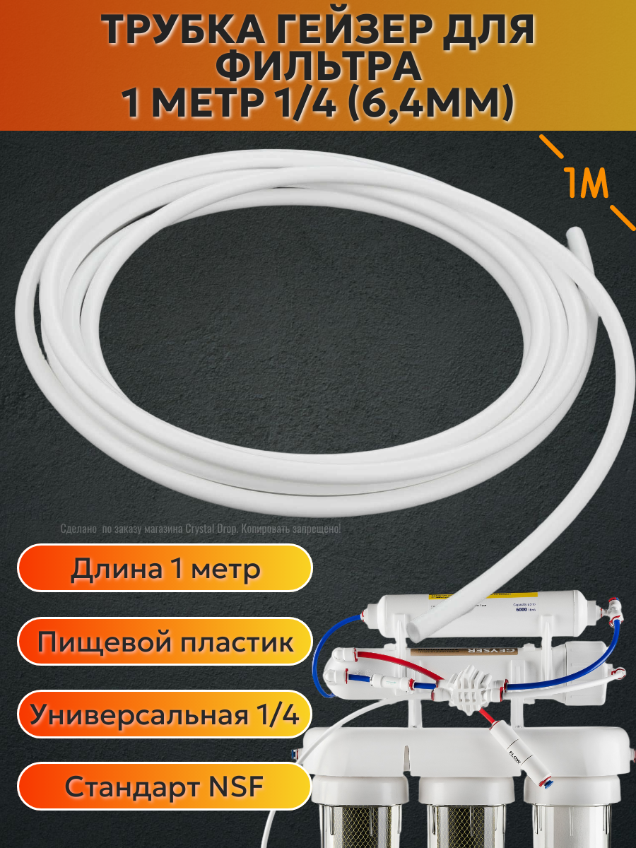 Трубка для фильтра Гейзер 1/4 (6,4мм), 1 м, для разных фильтров, пищевой пластик
