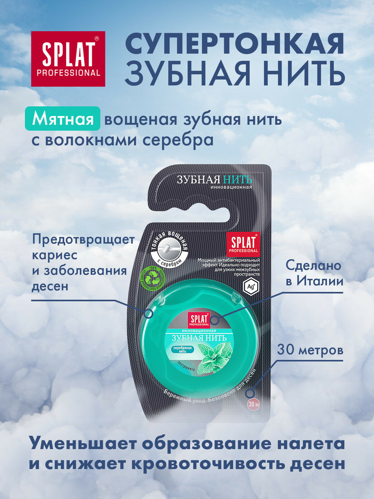 Картинки Антибактериальная супертонкая зубная нить SPLAT Professional Dental Floss с волокнами серебра, МЯТА, 30 метров