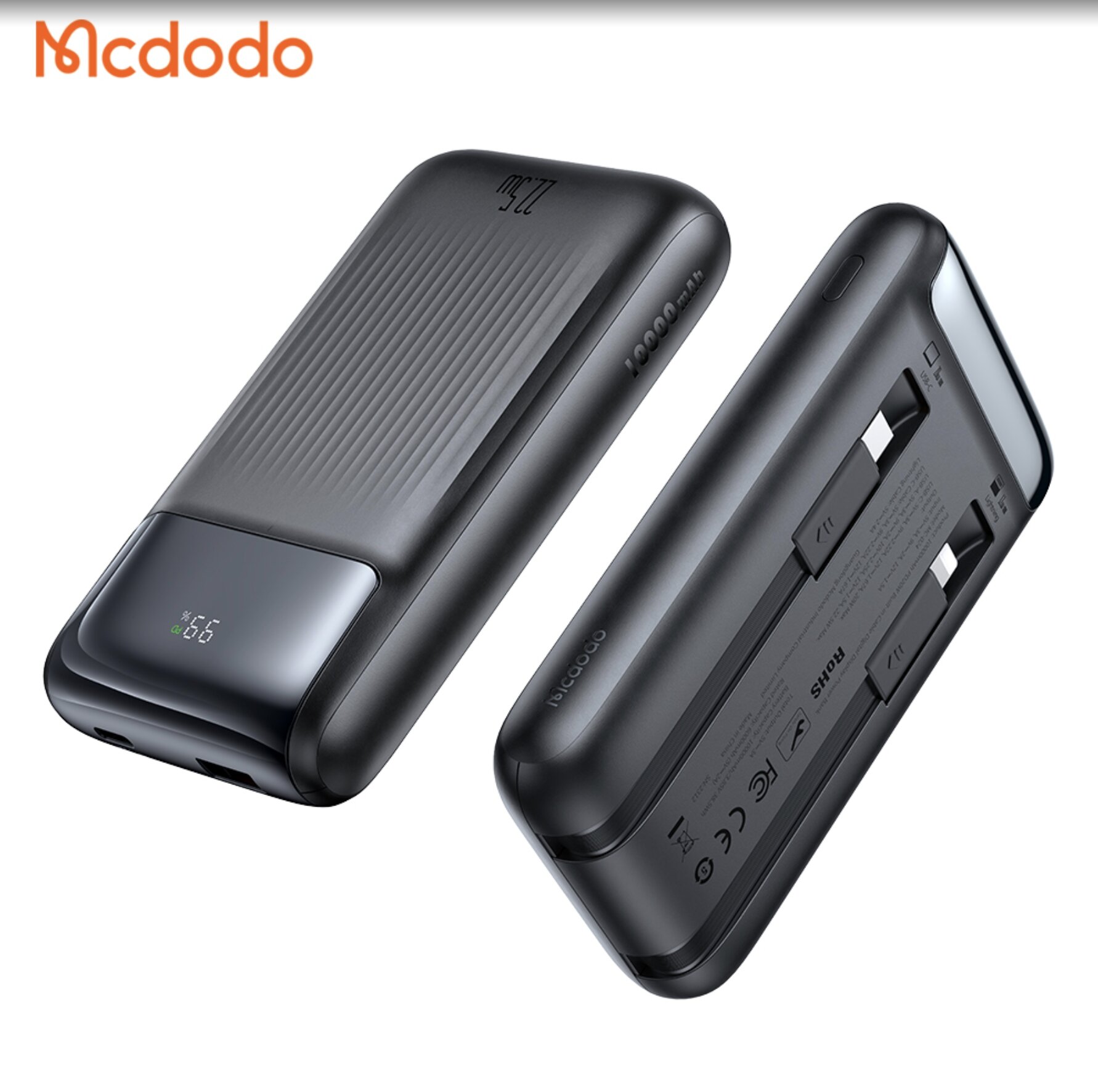 Магнитный MC-024, 10000 мАч Powerbank со встроенными кабелями C и Lightning, 22.5W, черный