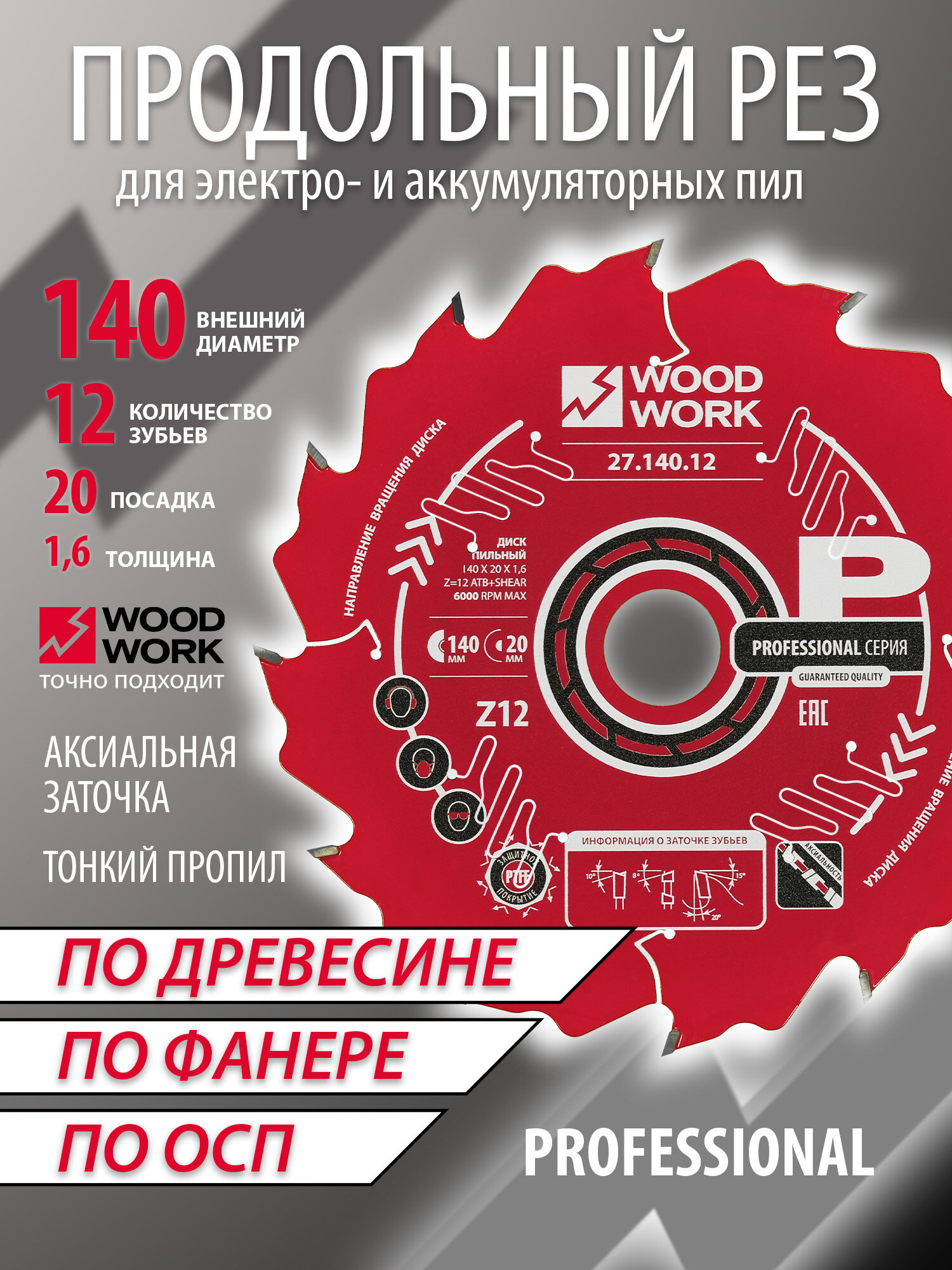 Пильный диск по дереву фанере 140x16/11x20 мм Z12 WOODWORK для циркулярной мини-пилы