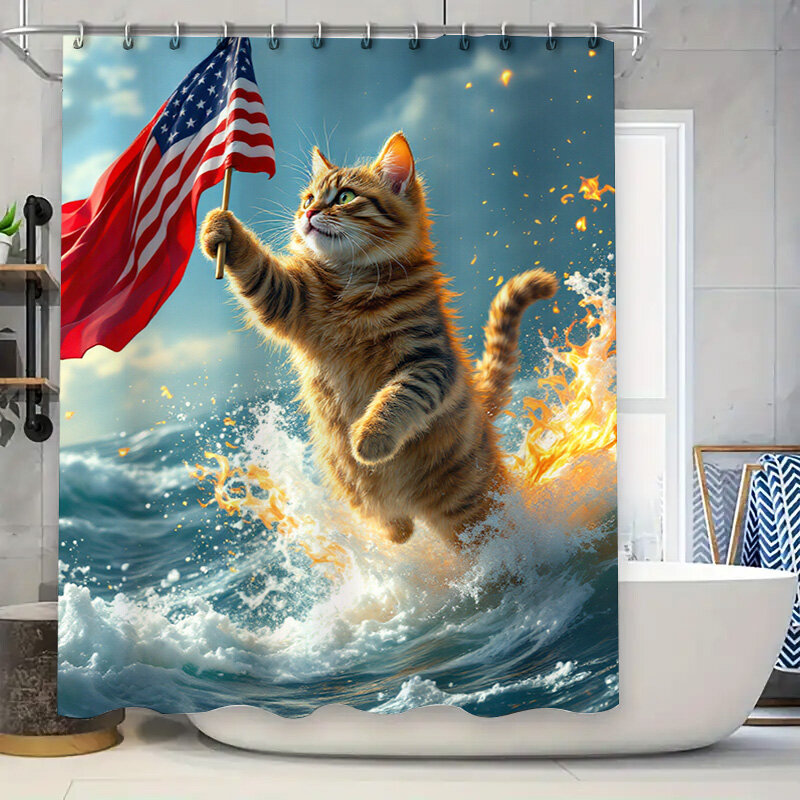 200x180cm Waterproof Cat Shower Curtain with 12 Hooks - Patriotic Kitty Waving American Flag in Dynamic Ocean Scene, Ideal for Stylish Bathroom Upgrades