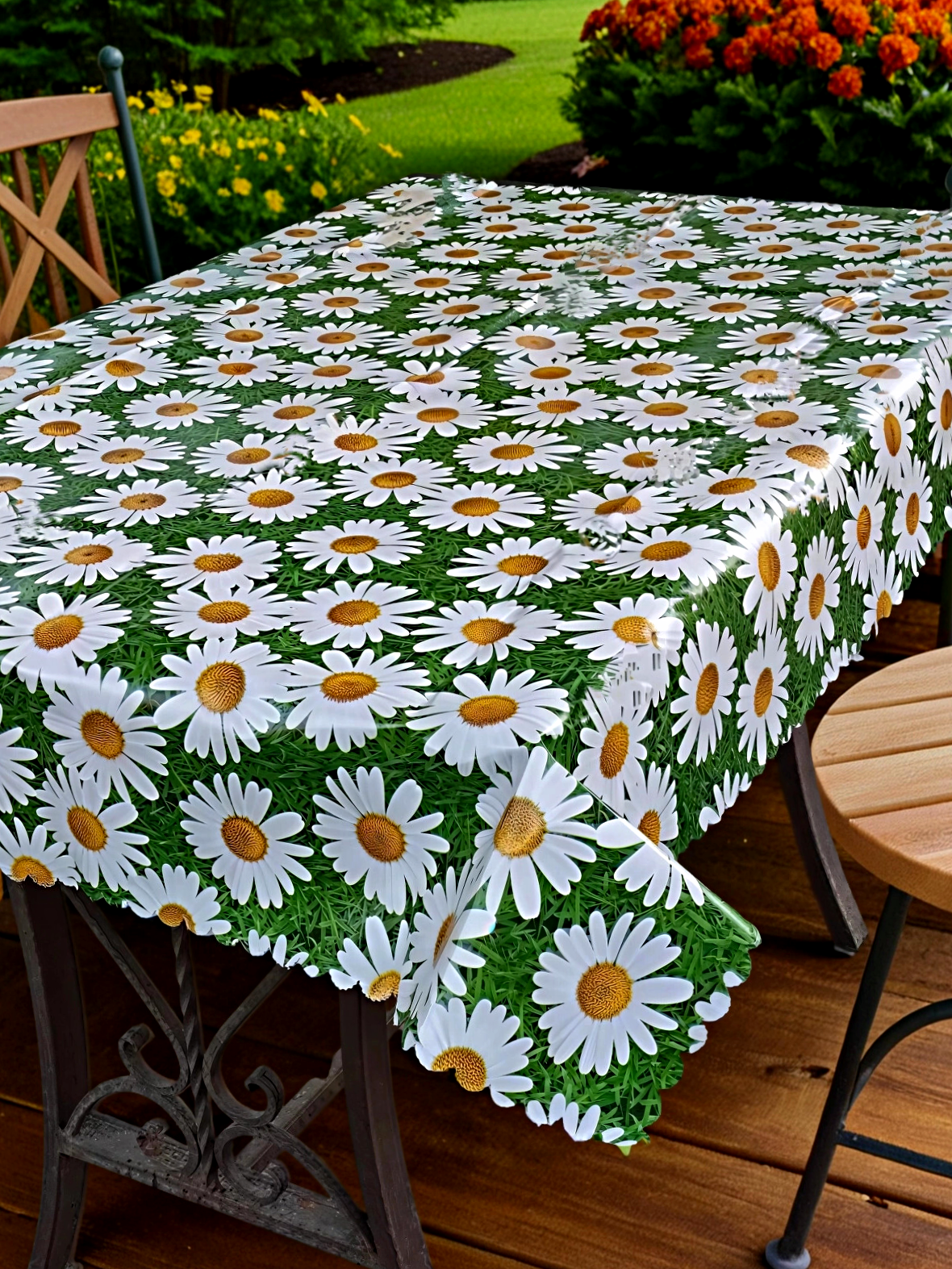 Изображение Скатерть на стол Laid Table клеенка для кухни 100x140, тканевая основа, водоотталкивающая, ромашка, декор для дома дачи