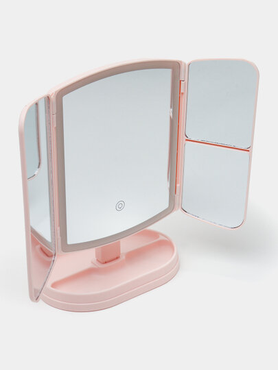 Косметическое зеркало с LED-подсветкой, тройное складное, сенсорное управление, USB — фото 1