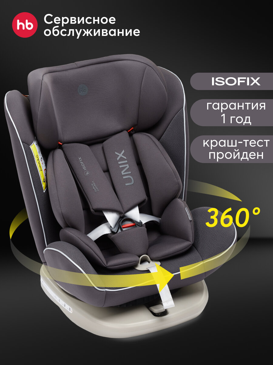 Автокресло детское от 0 до 12 лет Unix Happy Baby группа 0+/1/2/3 (до 36 кг), isofix, поворотная база, темно-серый