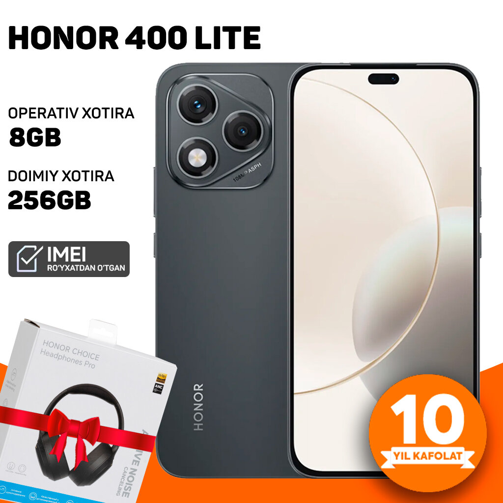 Смартфон Honor 400 Lite, 8GB/256GB, AMOLED 120Hz, IP65, защита от воды и пыли, цвет черный
