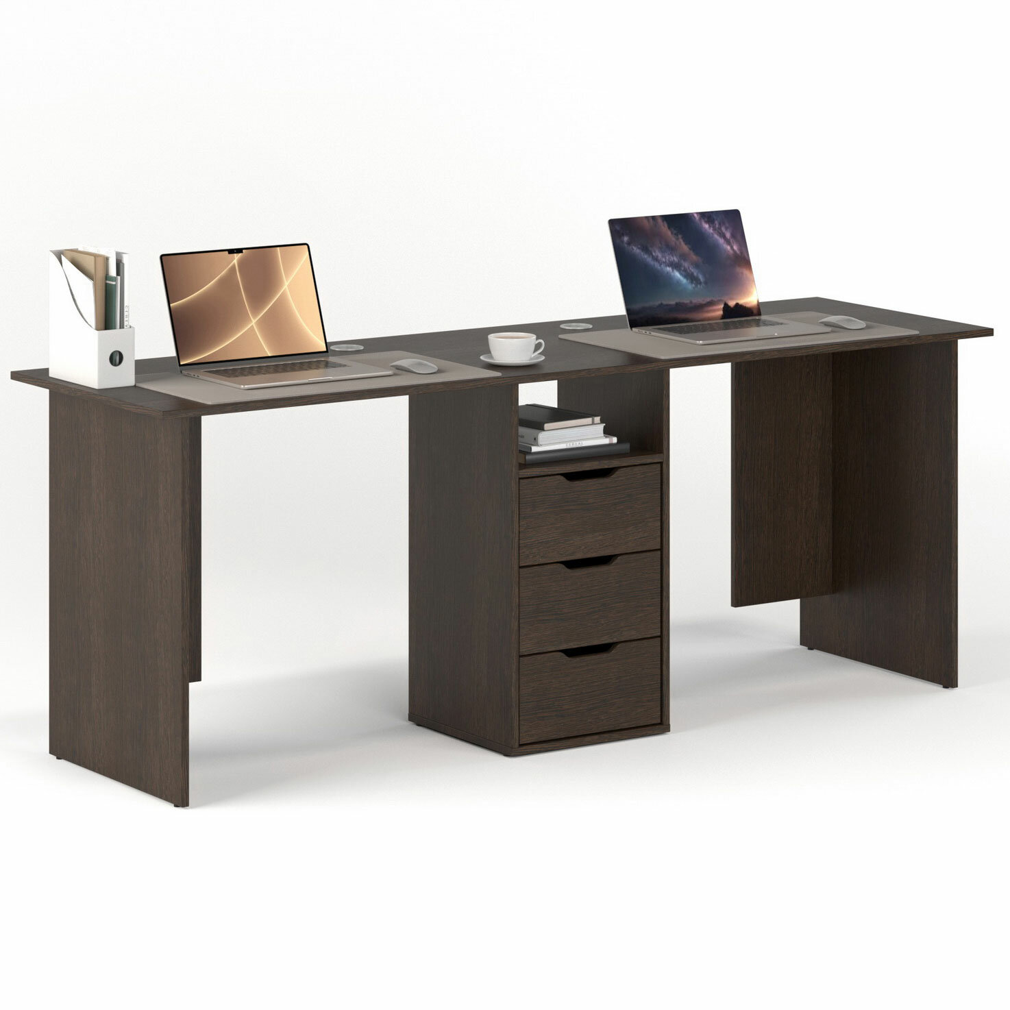 Письменный стол для двоих однотумбовый с 3 ящиками МагМебель 89 венге