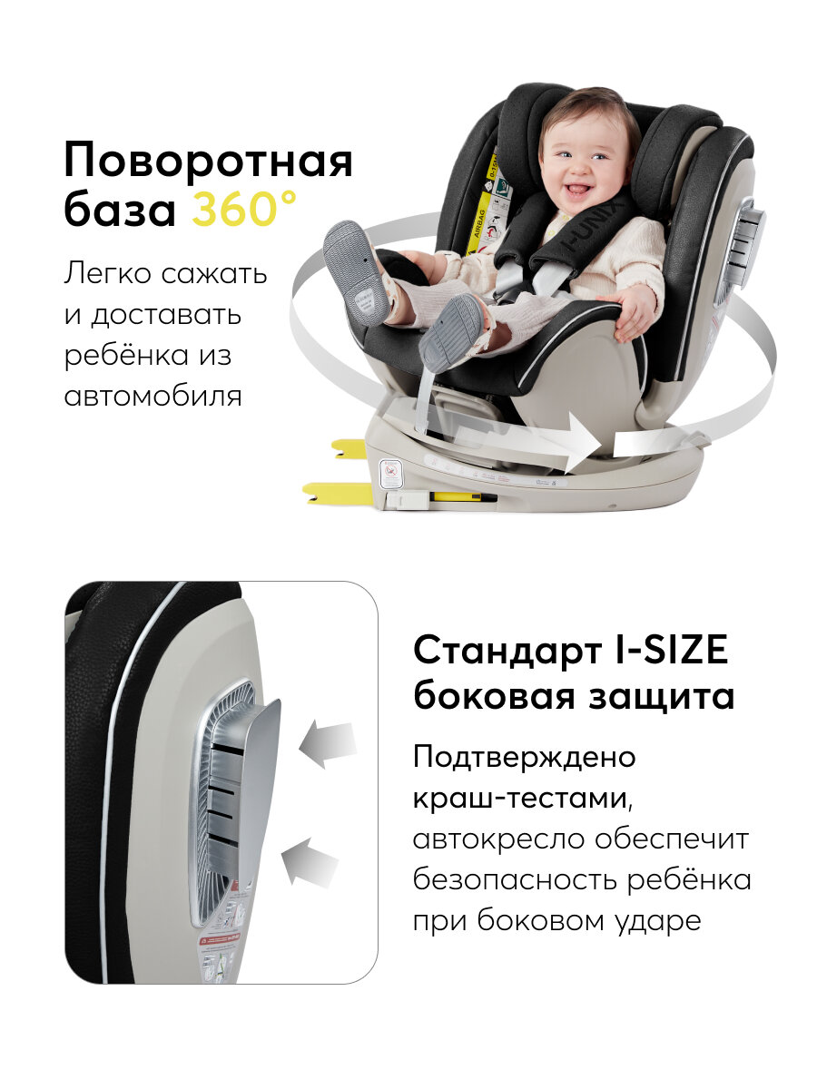 Автокресло детское от 0-12 лет, i-size, поворот на 360, I-Unix Happy Baby, группа 0+/1/2/3 (0-36 кг), экокожа, черный — фото 1