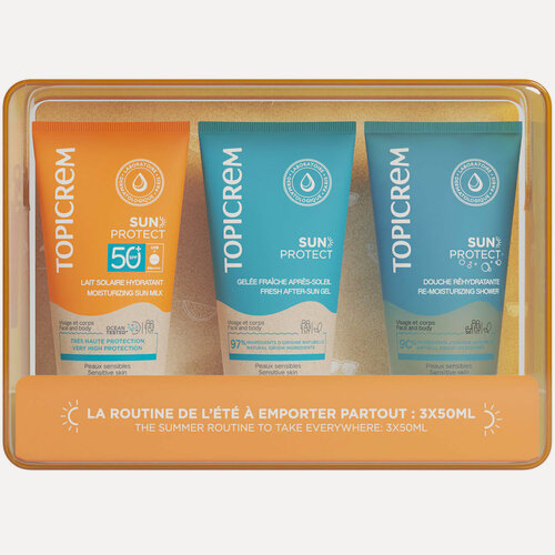 Изображение товара Дорожный набор Topicrem Sun Protect, молочко SPF50+, желе после загара, гель для душа
