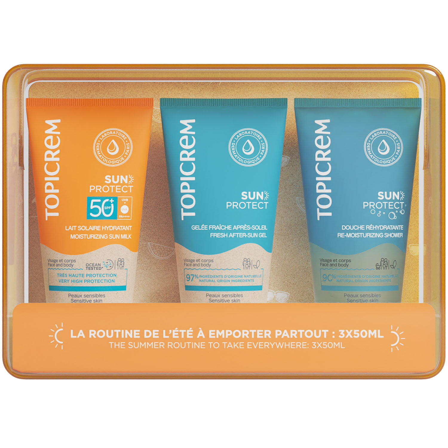 Дорожный набор Topicrem Sun Protect молочко SPF50 желе после загара гель для душа