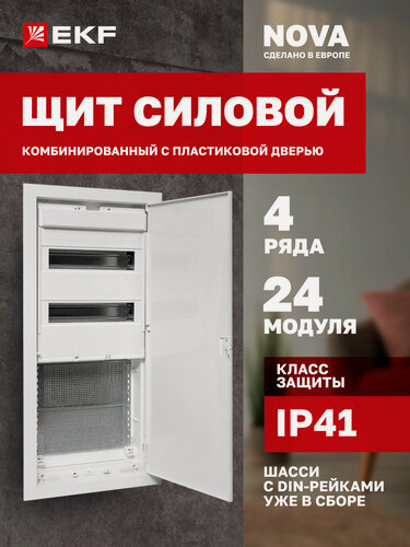 Изображение товара Щит комбинированный встраиваемый EKF "Nova" (2 DIN-рейки + 2 монтажные платы) 4 габарит с пластиковой дверью IP41