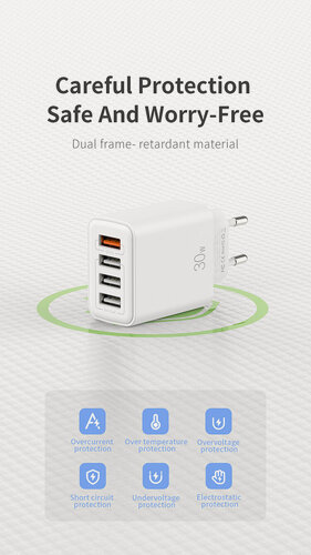 Изображение товара Зарядное устройство Recci Travel Qualcomm QC3.0, 4USB, 30W, QC3.0 + 12W, Белый, RC57E