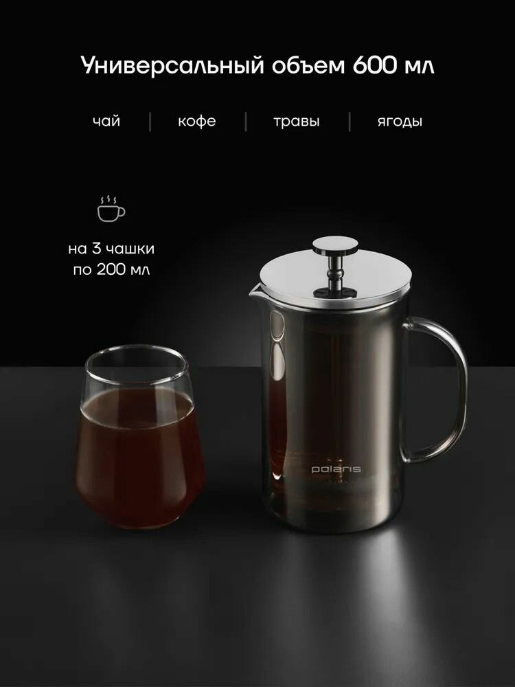 Френч-пресс Polaris Stein-600FP для чая и кофе, 600 мл / Чайник заварочный, графитовый — фото 1