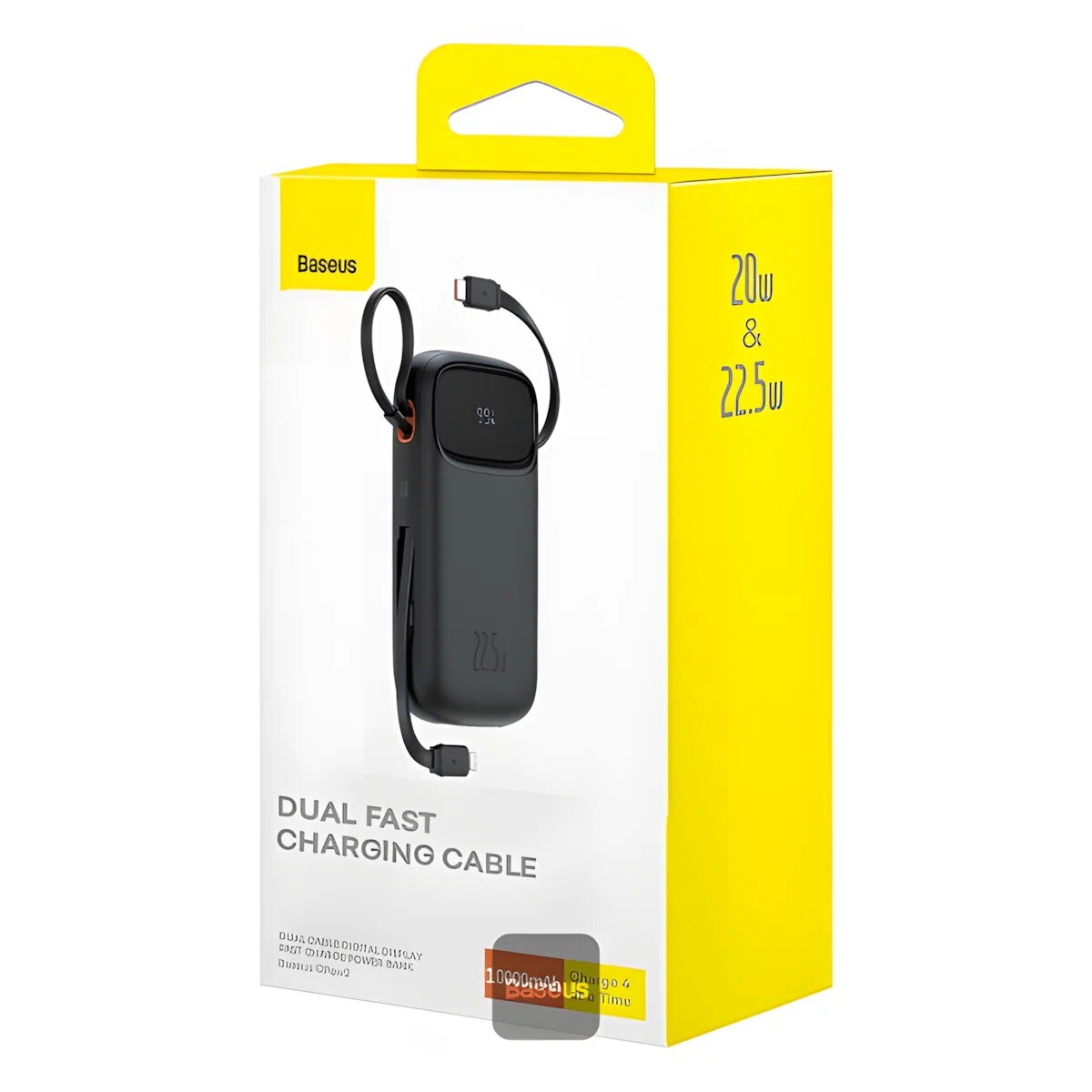 Повербанк Baseus QPow2 10000 мАч, 22.5 W быстрая зарядка, встроенные кабели USB‑C и Lightning, LED-дисплей, чёрный — фото 1