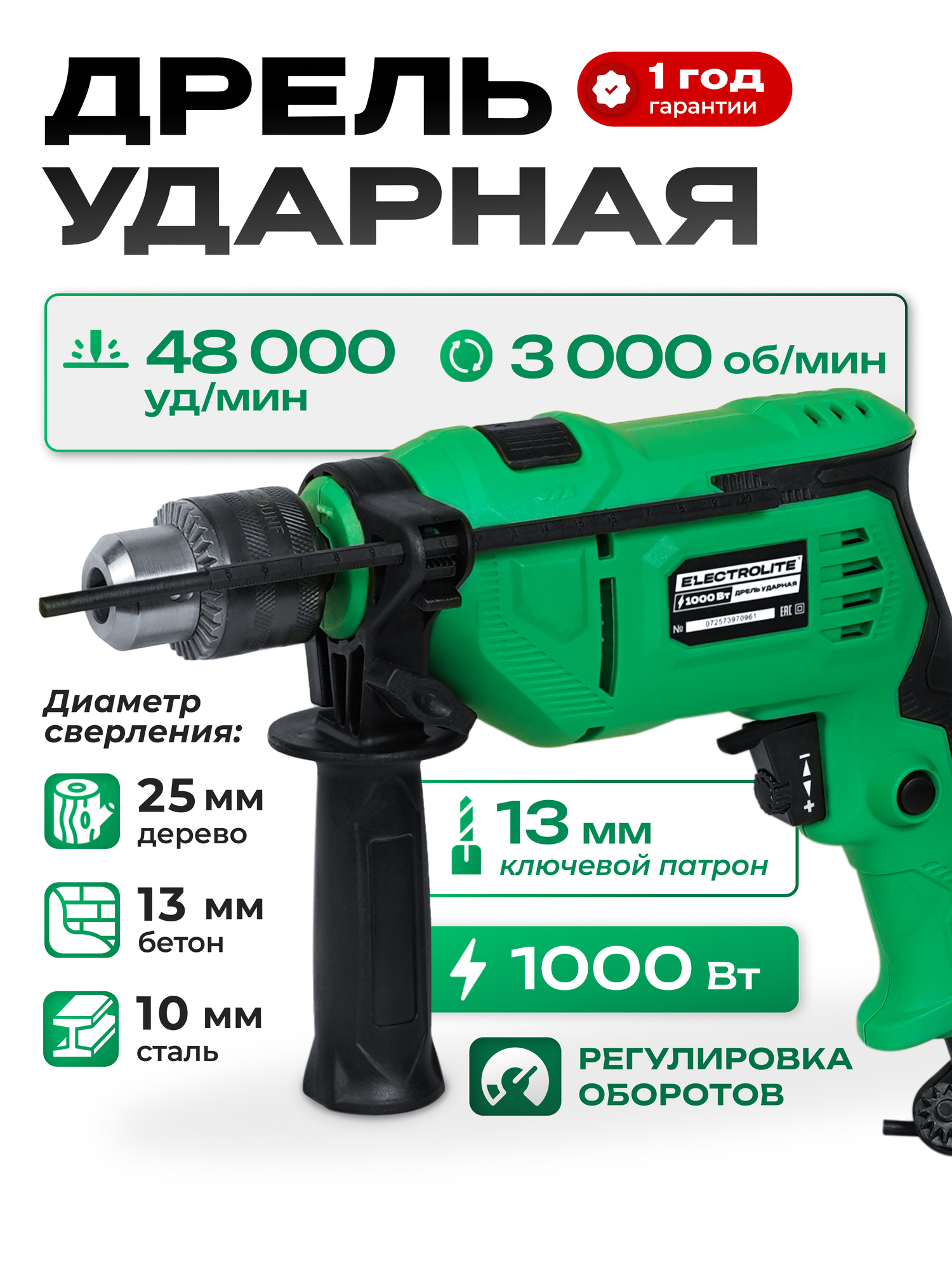 Ударная дрель Electrolite ID 1000 ключевой патрон дополнительная рукоятка ограничитель глубины