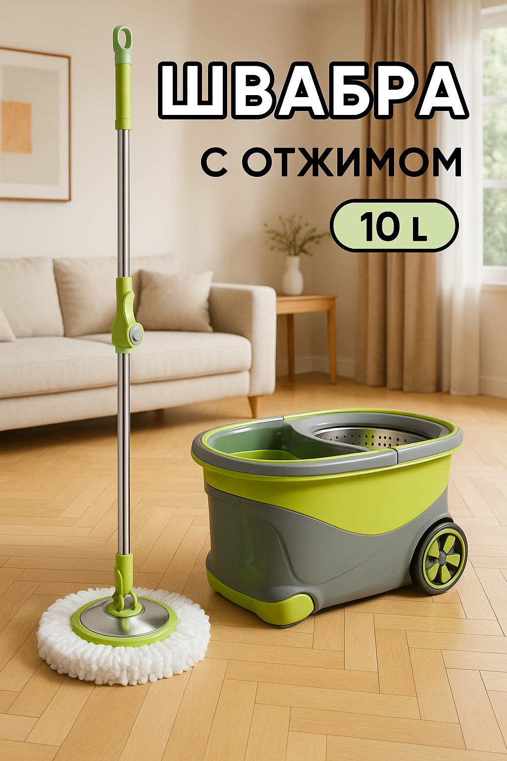 Набор для уборки, швабра с ведром на колесиках металлический, с отжимом 360 градусов вращения