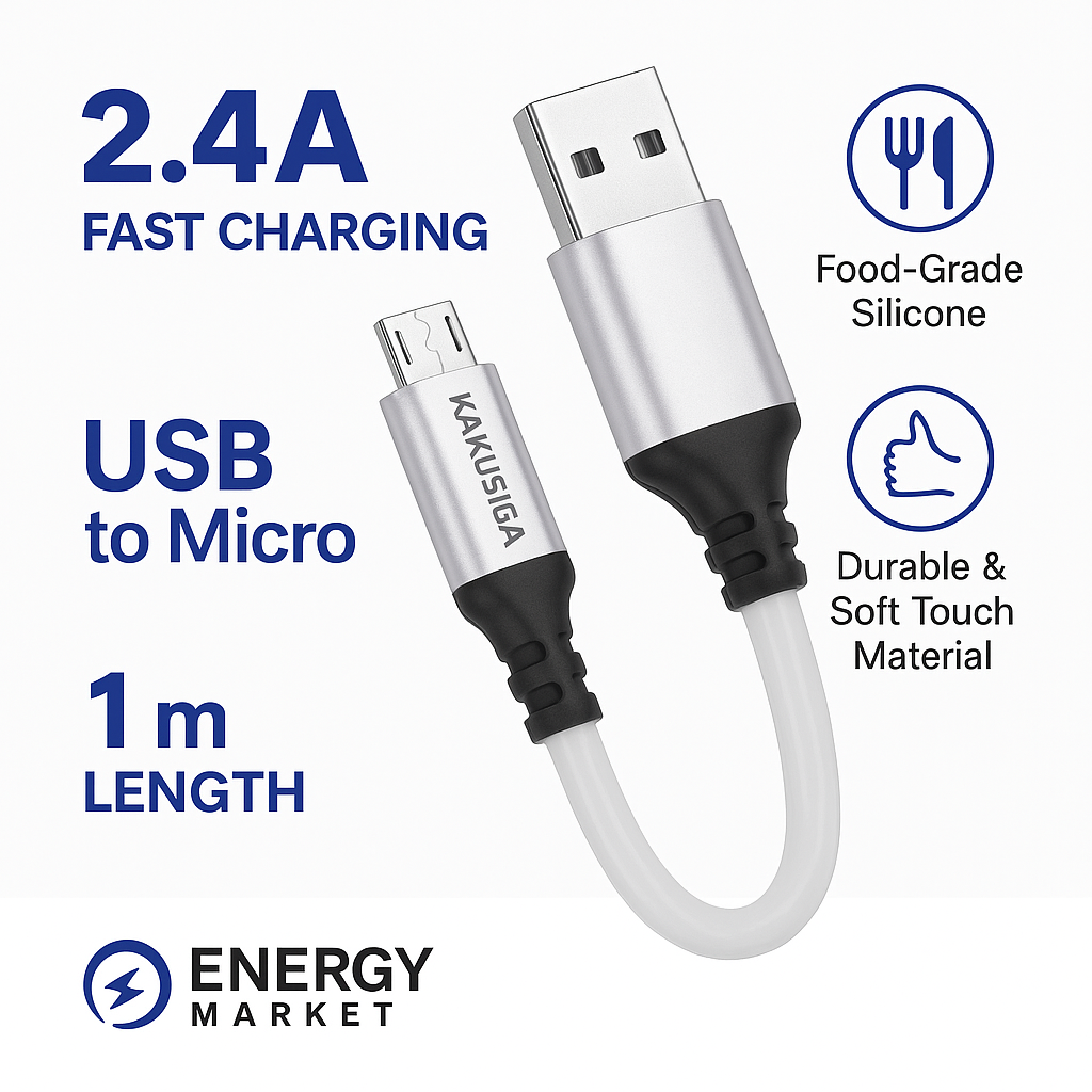 Силиконовый кабель Kakusiga USB–Micro 2.4A (1 м) — мягкий силиконовый кабель для быстрой зарядки