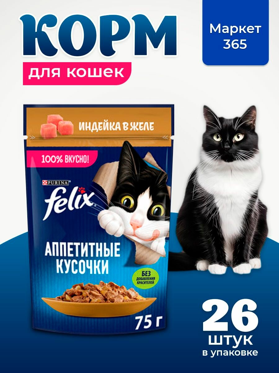 Влажный корм для кошек Felix Аппетитные кусочки, индейка в желе, 75 г x 26 шт