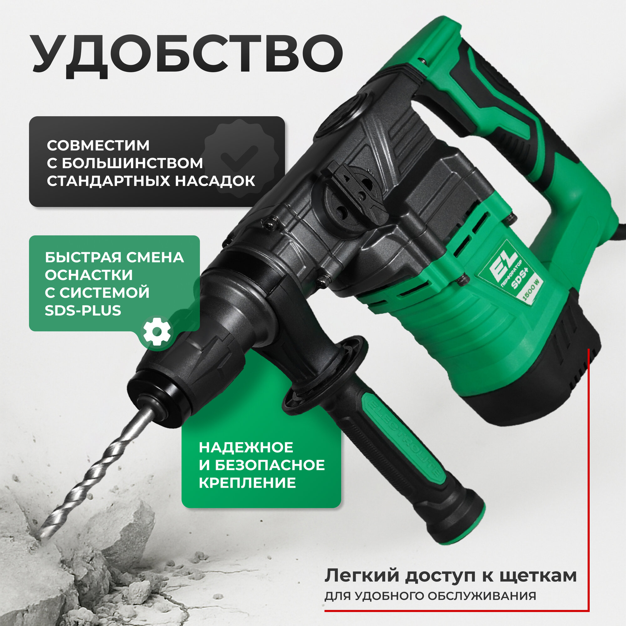 Перфоратор ELECTROLITE П 1500 SDS+ ( 1500Вт, SDS+, 8Дж, 3 режима работы ) — фото 1
