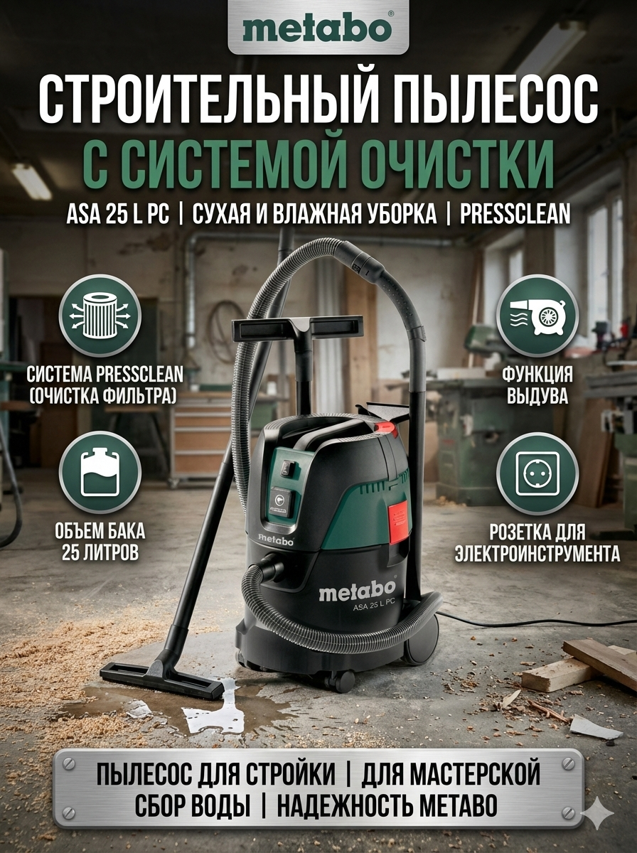 Пылесос Metabo 602014000 PressClean ASA 25L, для сухой и влажной уборки, 25 литров