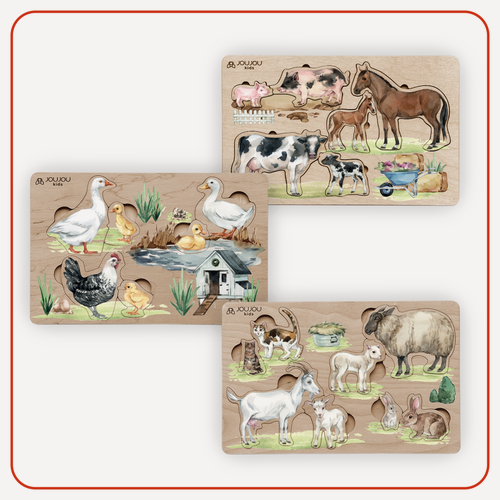 Изображение товара Развивающая игрушка Монтессори, набор деревянных пазлов для малышей Joujou kids "Животные: мама и детеныши", 3 рамки-вкладыша, от 1 года до 5 лет