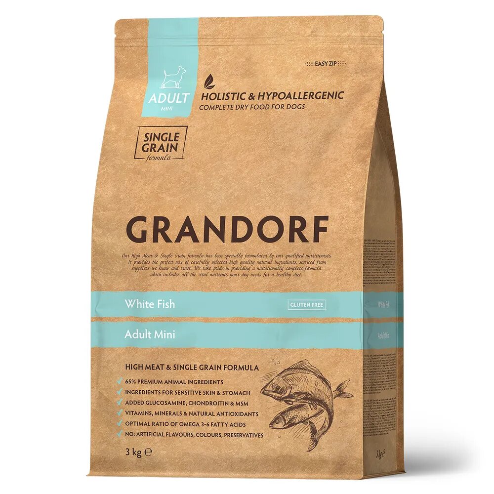 Сухой корм Grandorf White Fish Adult Mini для собак мелких пород, белая рыба, 3 кг
