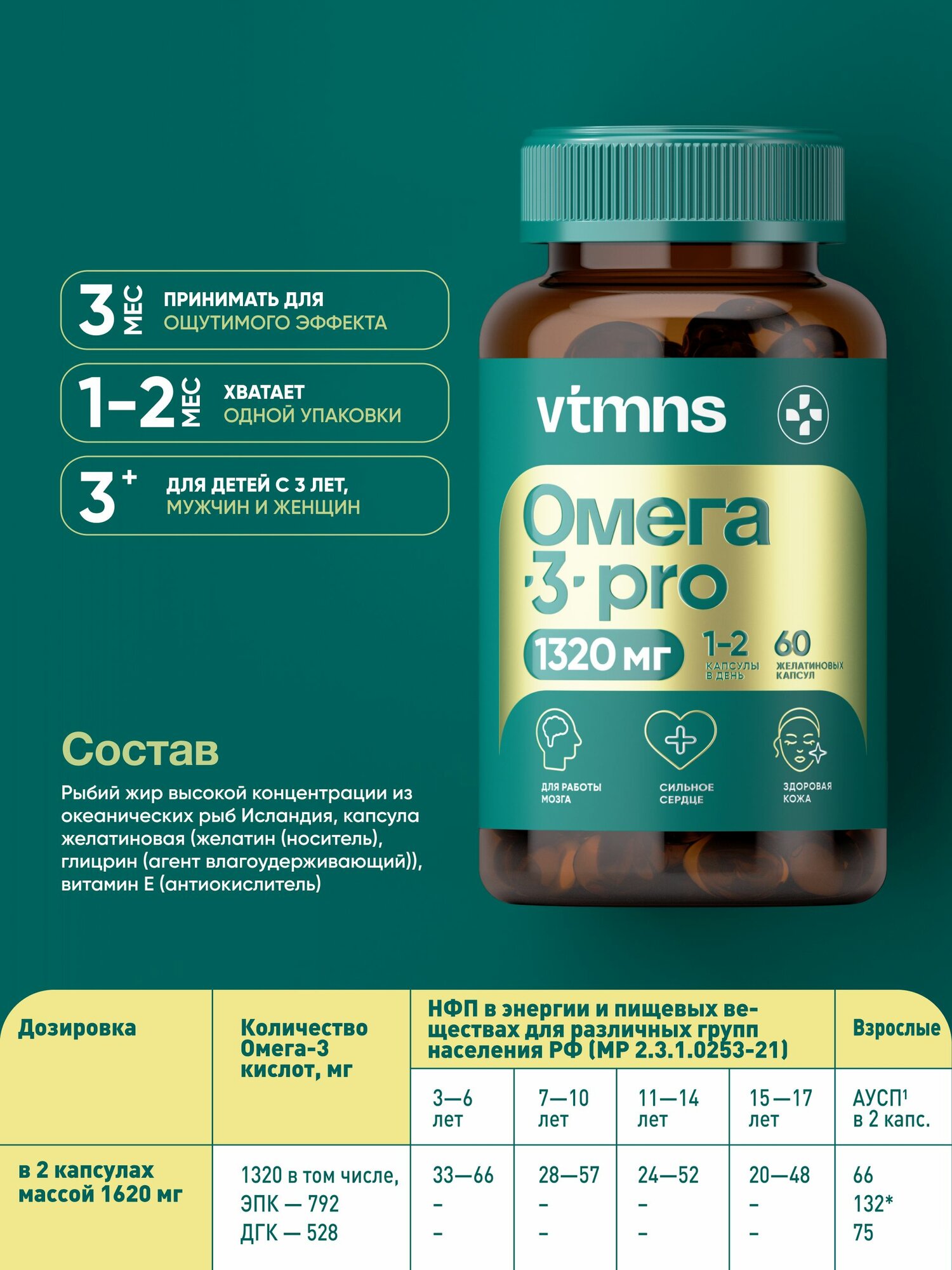 Омега 3, рыбий жир в капсулах для взрослых, 60 капсул / omega 3 — фото 1