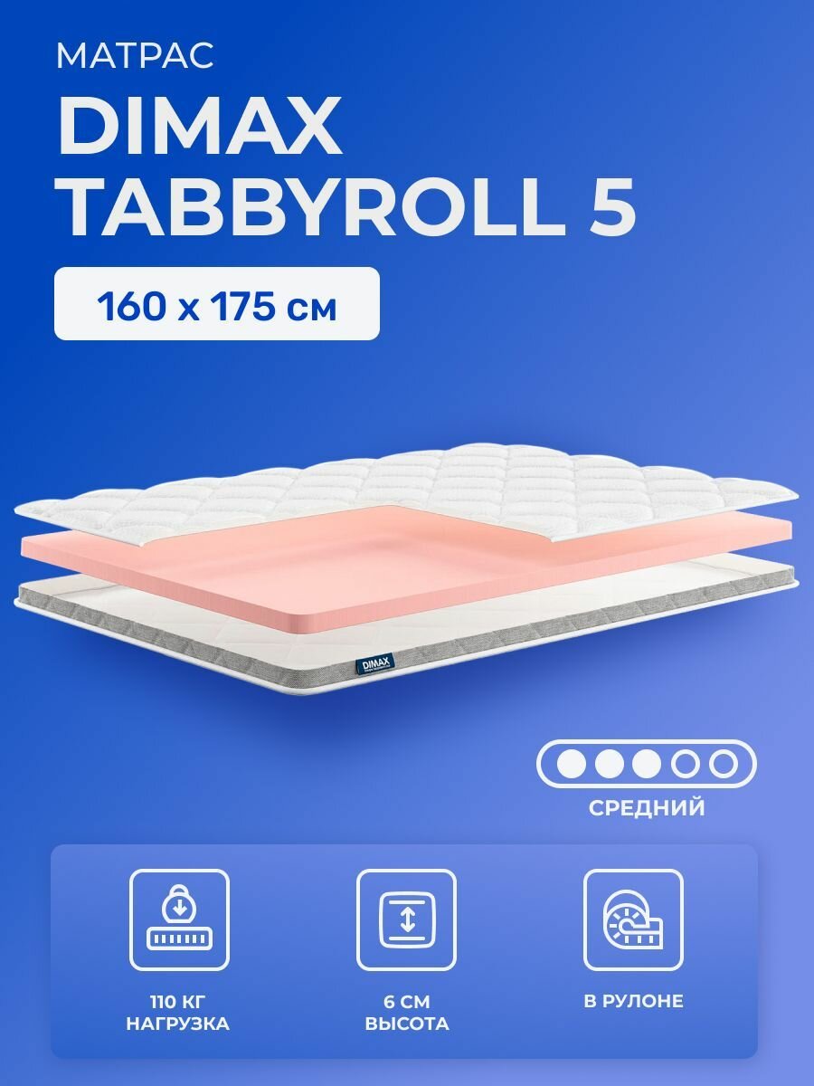 Матрас-топпер 160х175 Dimax TabbyRoll 5, беспружинный, без крепления, без резинок, cредне-жёсткий, пенополиуретан, двуспальный, для диванов и кроватей 175х160