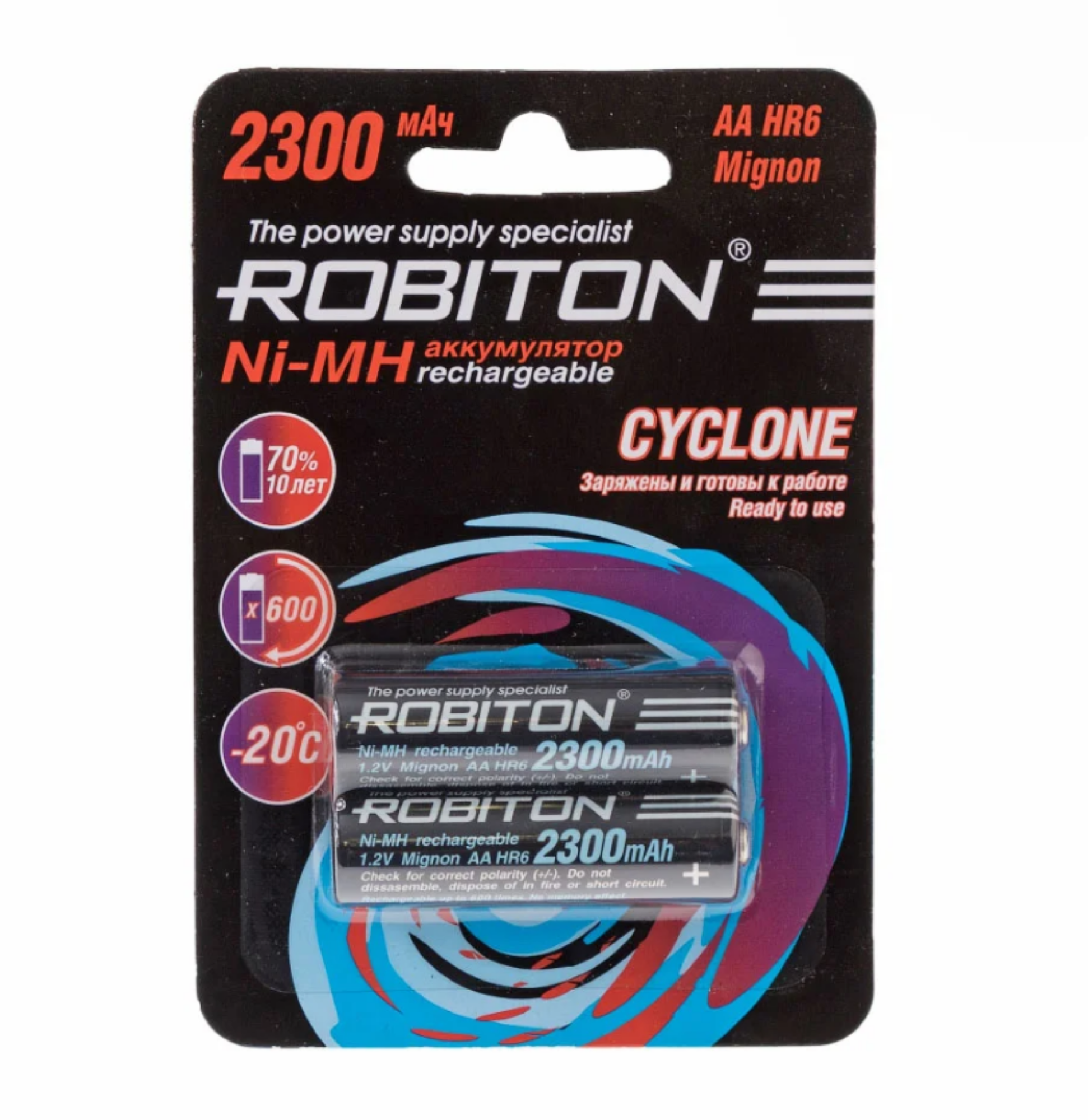 Аккумулятор ROBITON CYCLONE AA 1.2 В 2300 мАч NiMH предзаряженный 2 шт. в блистере