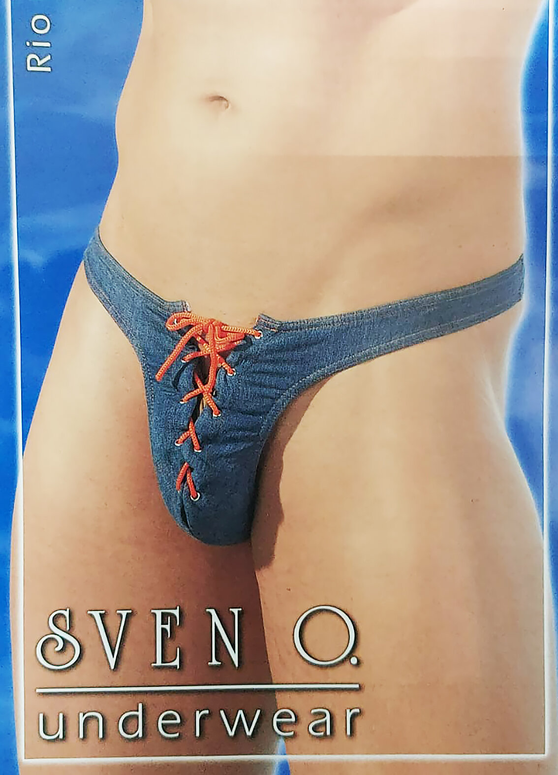 Сексуальные мужские стринги Cottelli Collection в джинсовом стиле с ярко оранжевой шнуровкой