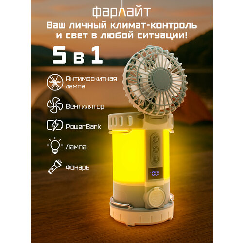 Вентилятор портативный кемпинговый складной 3 скорости с фонарем голубой Фарлайт 2035₽